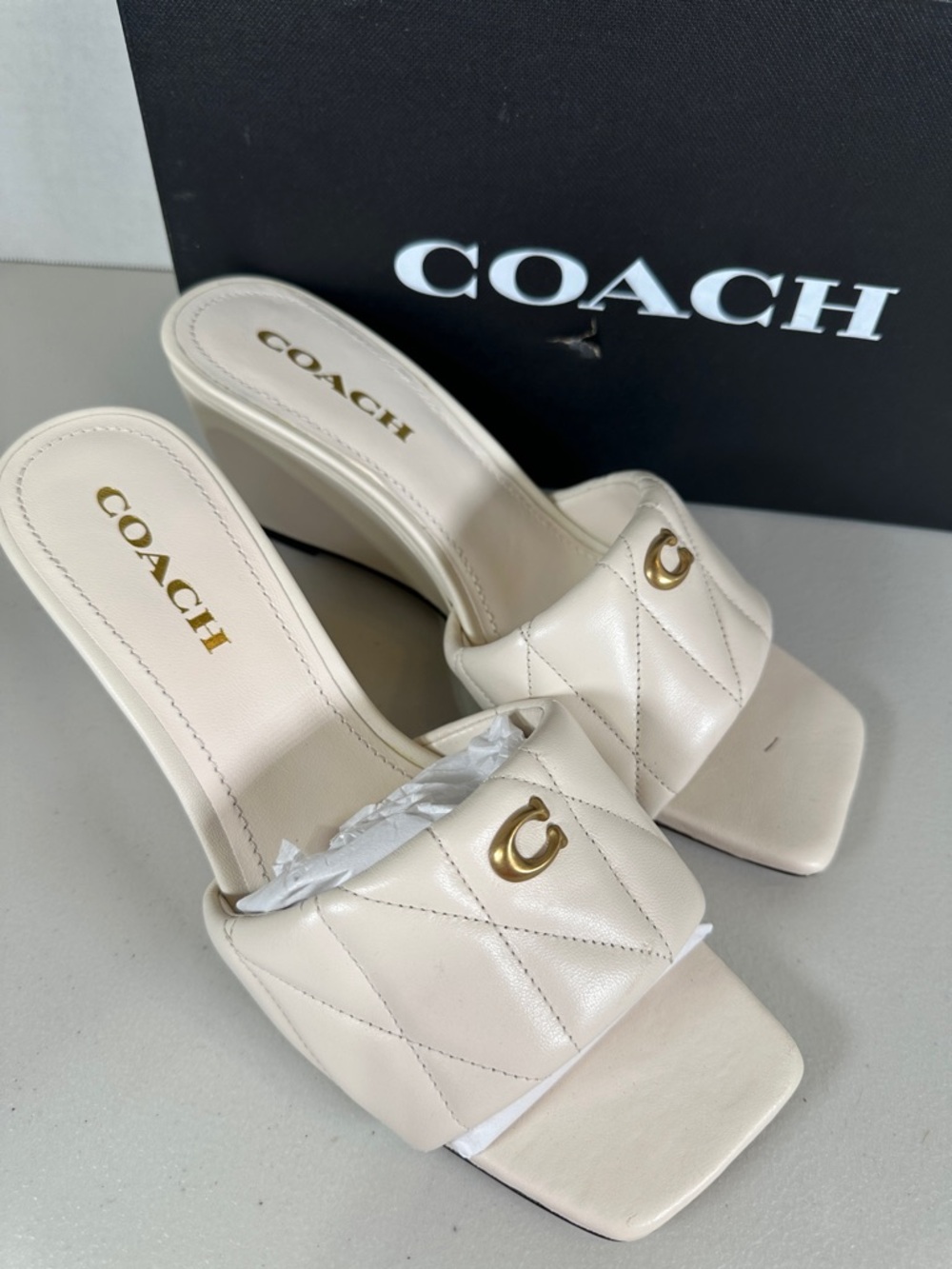 Coach Cream Quilted Leather Wedge Slide Mules - Picture 2 of 6
